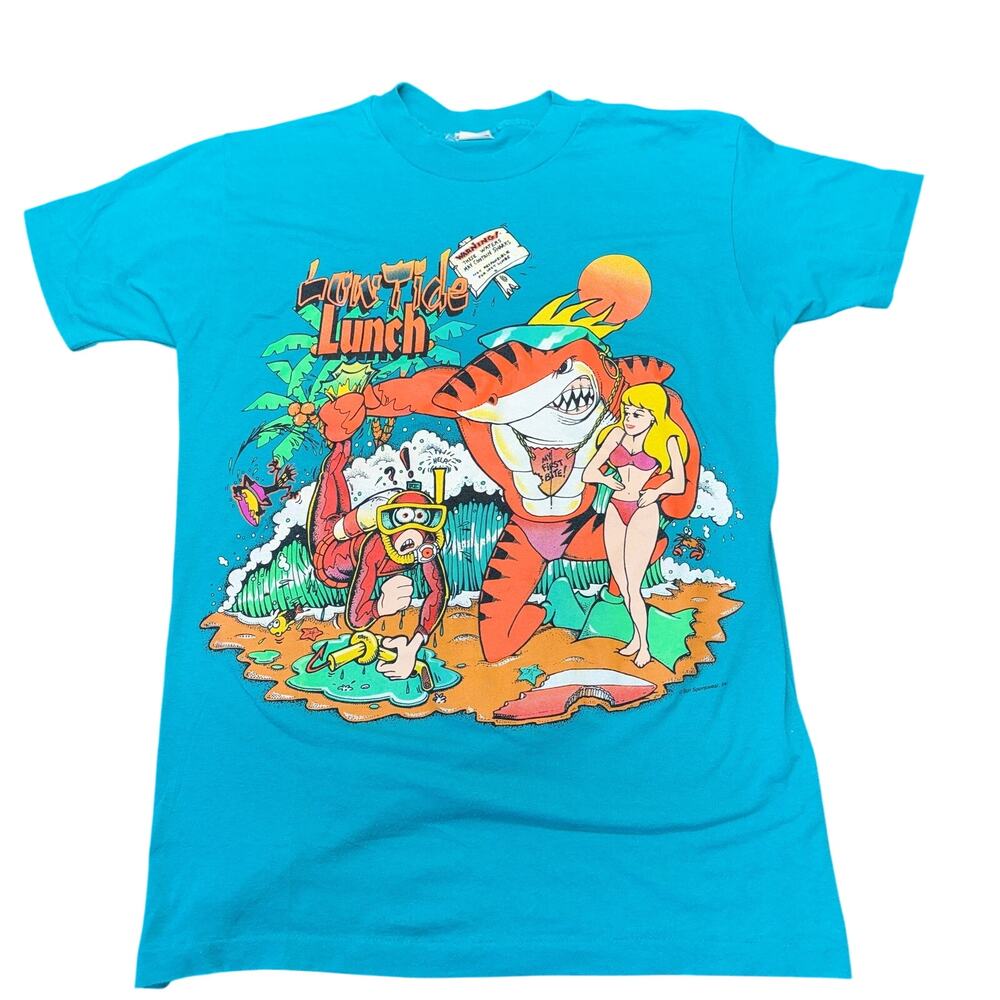 Vintage 80s T-Shirt Low Tide Lunch Large Blue Beach Surf Made in USA